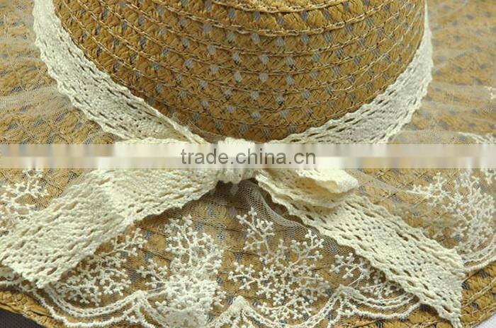 Custom Wholesale handmade fashion floppy wide brim straw hats with lace
