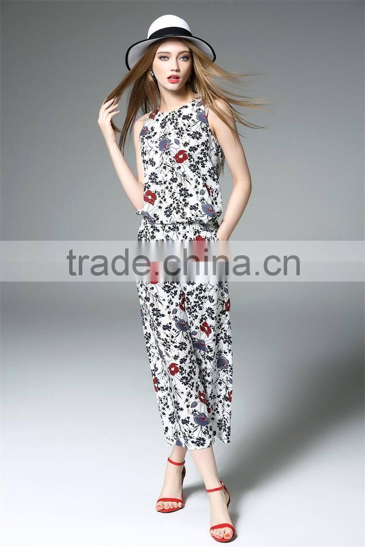 Women sleeveless fashion floral printed casual jumpsuit 2016 designs