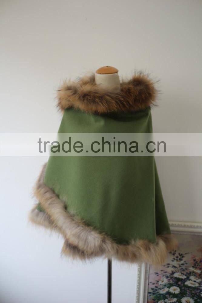 Original Design Pashmina Cape Poncho With Raccoon Fur Trim Ladies Luxury Natural Fur Edge Cashmere Shawl
