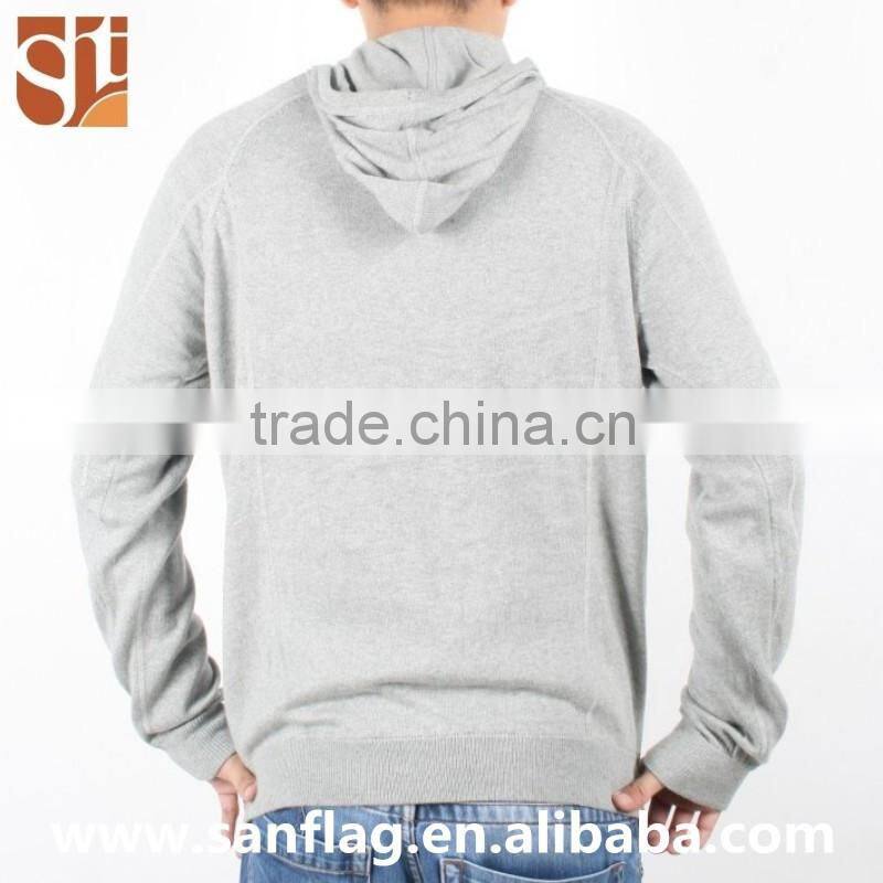 2016 China import direct man long sleeve jumper wool/cashmere hoodie light grey hand knitted sweater with kangaroo pocket