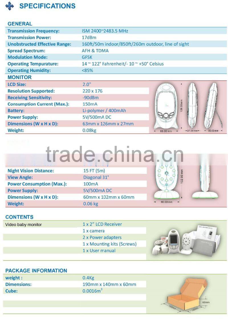 2 inch Wireless Video Baby Monitor VB601 Camera Baby Monitors 2Way Talk Night Vision 5M IR LED Temperature Hassle-Free Monitor