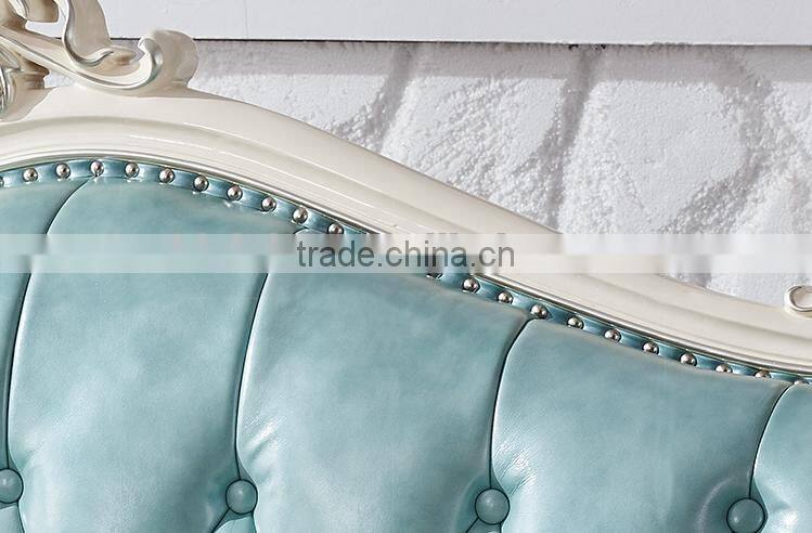 White color solid wood frame blue genuine leather 1+2+3 sofa set