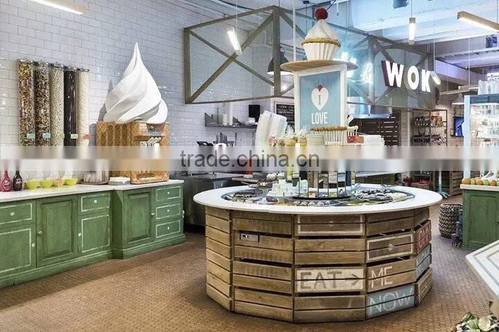 Piblic place airport acrylic solid surface counter solid wood food kiosk