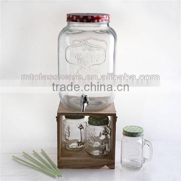 7.5L glass beverage dispenser with color lid and wooden stand