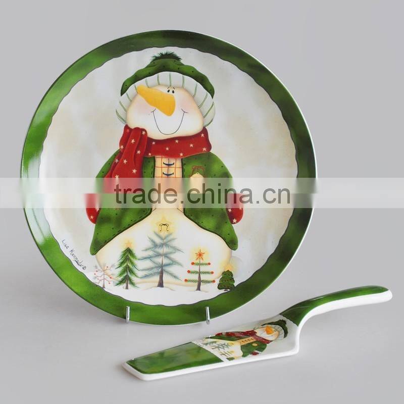 Porcelain Christmas cake plate with server, X'mas design promotional plate