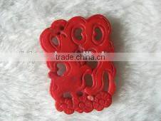 wholesale 25-40mm rectangular red flower hadn carved natural coral pendant