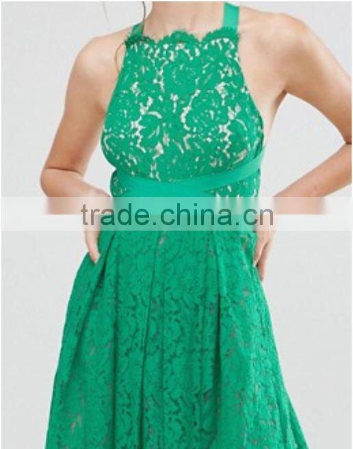 Lace clothing OEM Square neck Box-pleat skirt prom dress fashion design Midi Prom Dress