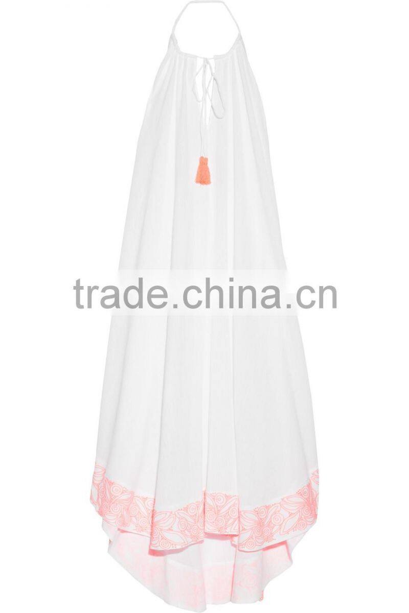 Holiday Sexy Cotton-Crepon Maxi Dress Backless Long Beach Dresses With Colorful Pink Embroidery Tasseled Ties 2016 HSD5840