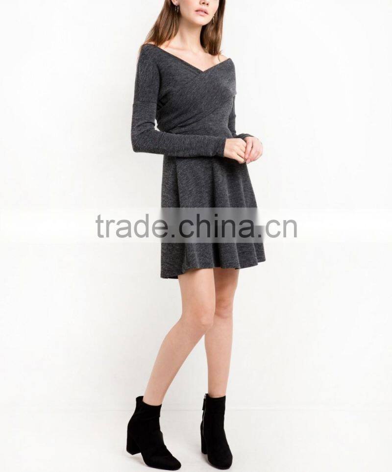 Grey Criss Cross Off The Shoulder Kint Fit And Flare Winter Women Dress Names Of Girls Dresses Wholesale Clothing Market HSD5691