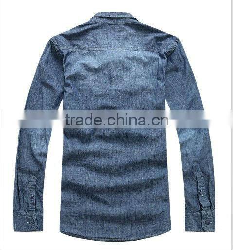 100% cotton dark blue washed cowboy long sleeve casual shirts for men with two pockets
