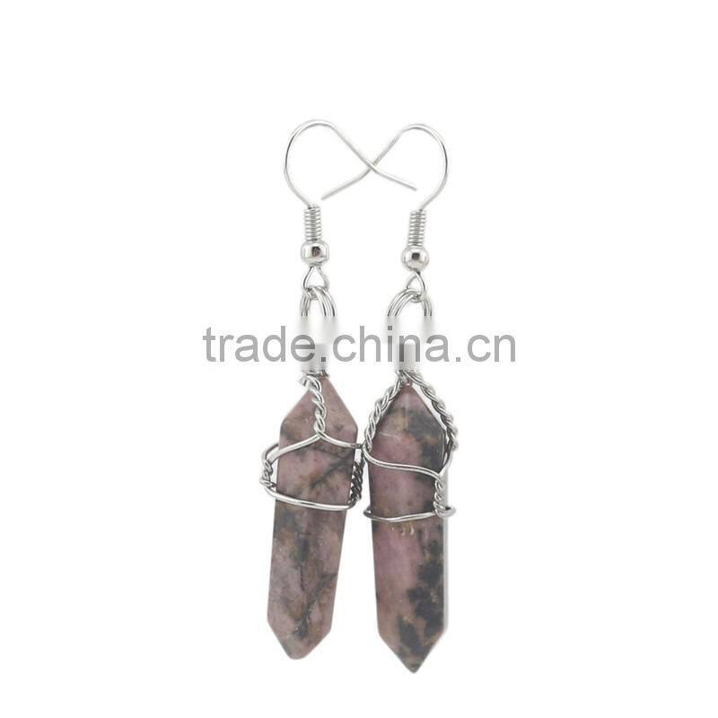 Silver Wire Wrapped Hexagon Prism Amethyst Natural Stone Drop Earrings