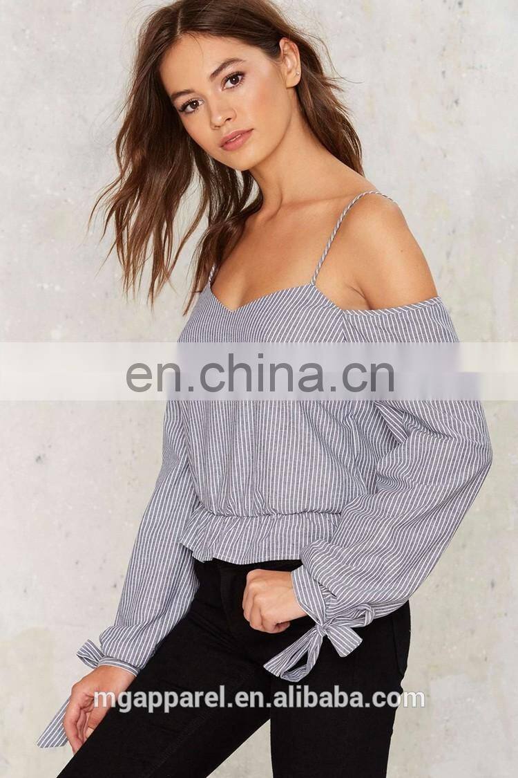 Women casual blouse designs cotton striped off shoulder blouse