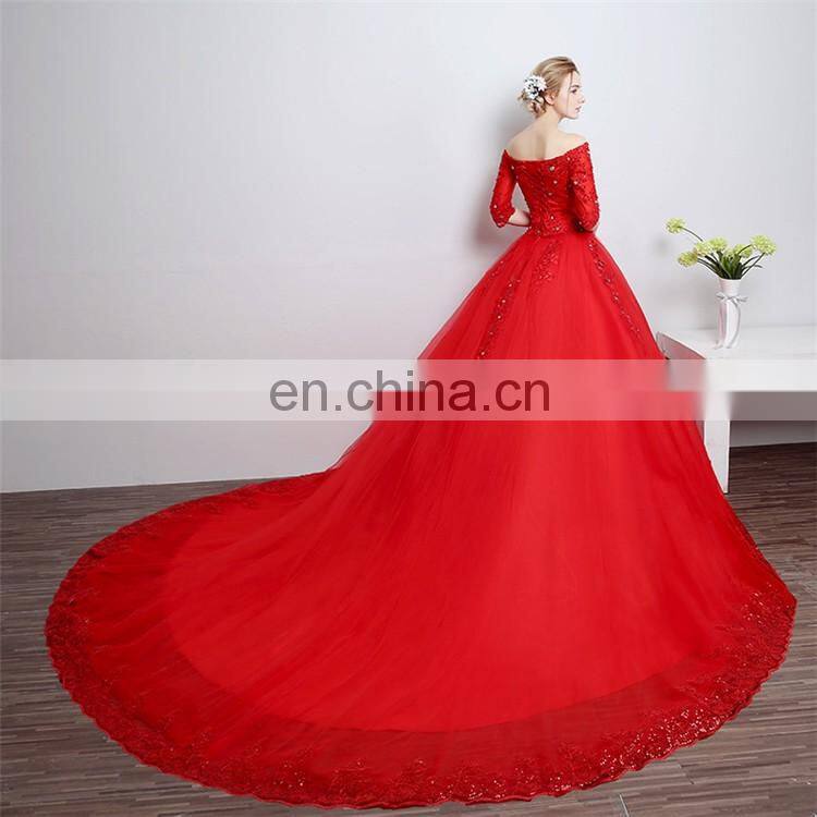 HS1608 Vintage Lace Ball Gown Train Red Wedding Dress