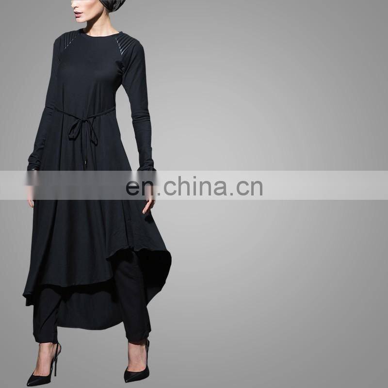 Modern Fashion Leather Top Selling Products In alibaba With Belt Black Elegant Muslim Abaya Islamic Long Sleeves Dubai Abaya
