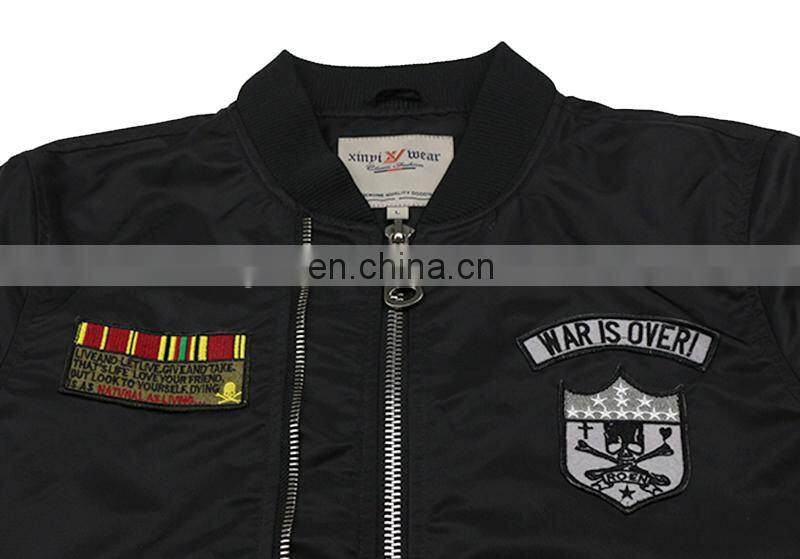 Custom Nylon Plain Black Flight bomber jacket mens with patches