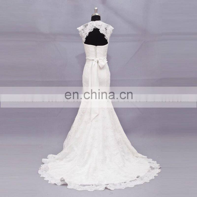 Dainty Lace Applique Cap Sleeve Keyhole Back Beading Belt Wedding Party Dress