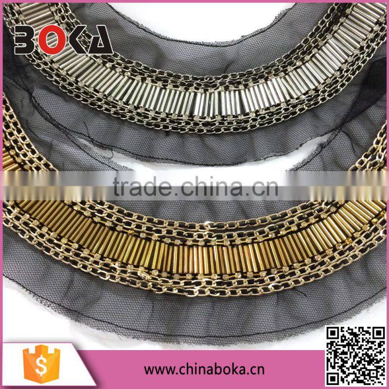 Fashion beaded neckpiece with polyester sew on stones /bugles stones/chain beads necktrim