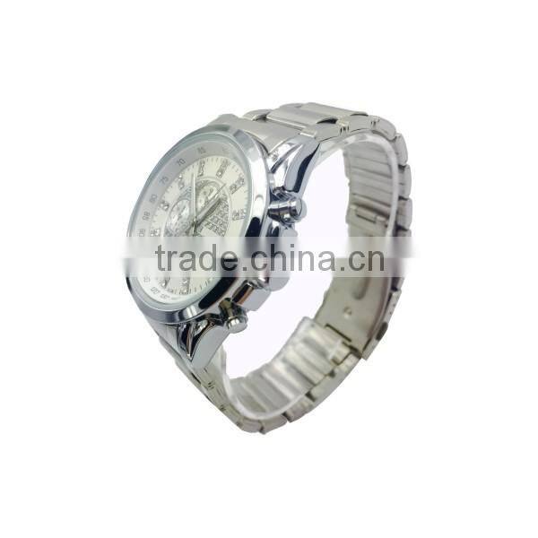 Silvery case diamond dial 3 eyes tachymeter two buttons vogue men watch