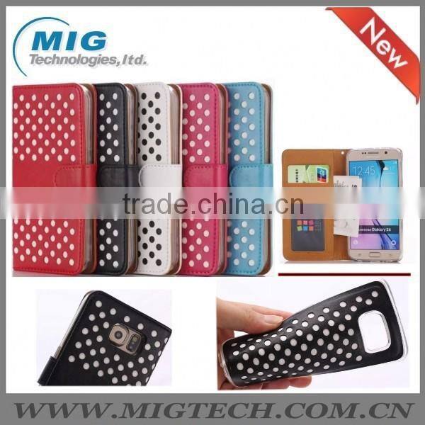 Phone case Empty thread Polka Dot PU+ TPU wallet case with stand, For Samsung galaxy S6 edge leather case