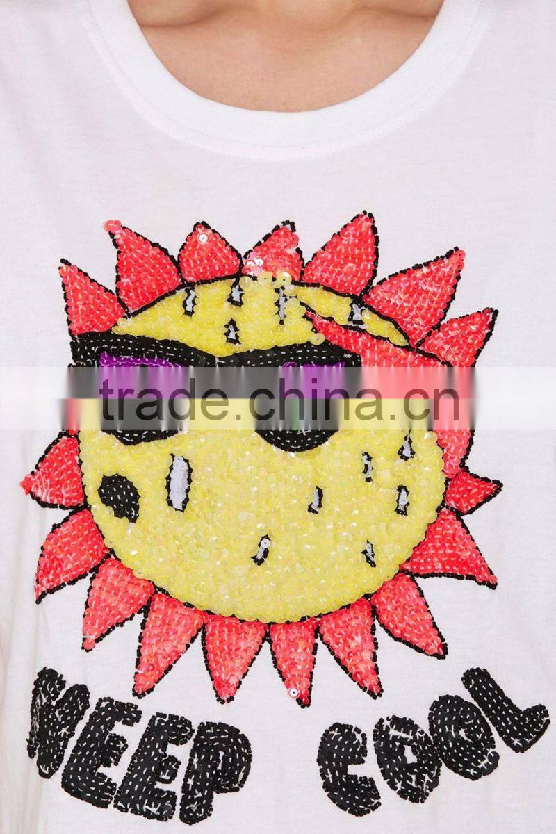 White Color Cool Cropped Sequin Tee Short Sleeve Custom Crop Top Women