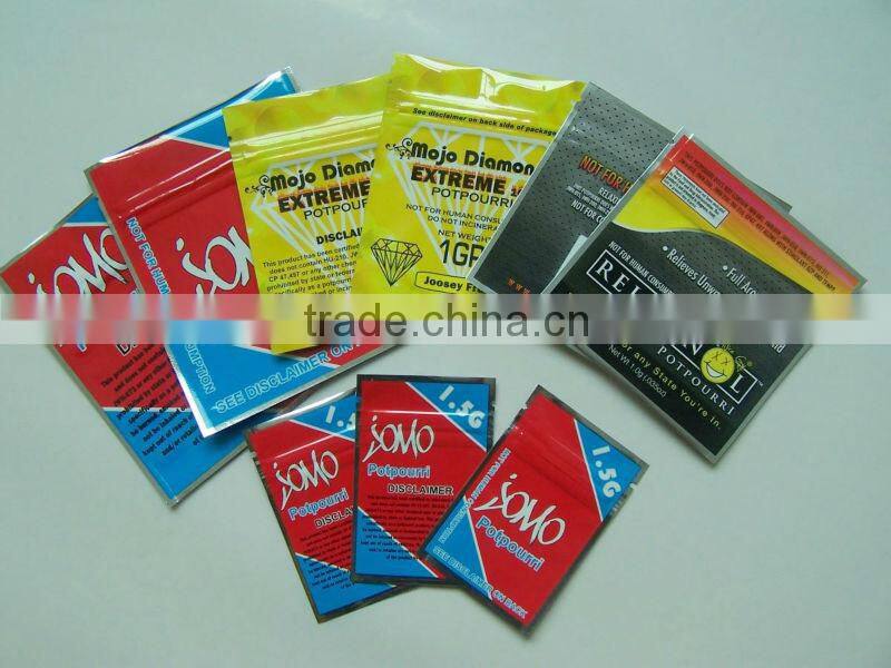 herbal incense potpourri bag spice smoke for wholesale/ 2.5g geeked up herbal incense bags for packaging