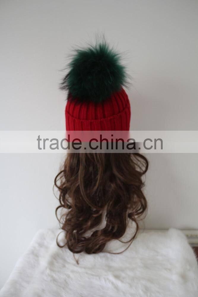 Top Grass Green Raccoon Fur Pompom Beanie Knit Rib Red Hat Huge Fur Ball Knitted Wool Acrylic Cap