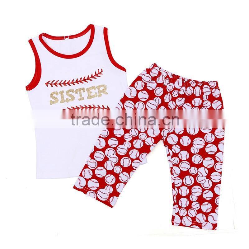 Wholesale black tank top and red sequin skirt with matching headband baseball girl sport wear