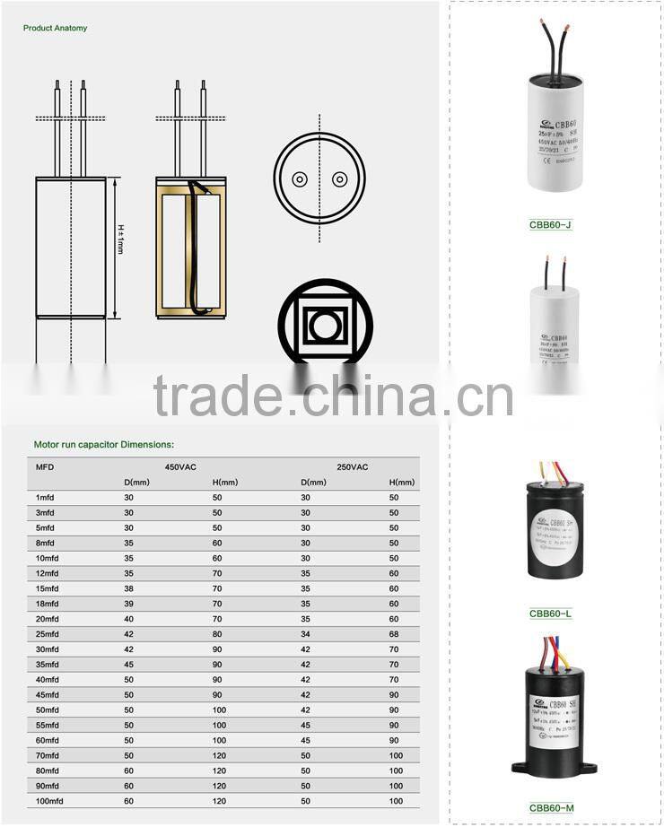 250v 50-60Hz ac run motor capacitor cbb60