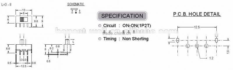 SS12F124 1P2T Vertical Type Slide Switch
