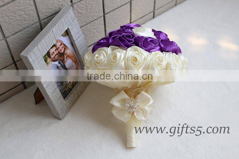 Elegant Purple Satin Ribbon Pearls Bridal Bouquet Bridesmaids Bouquet Wedding Flowers