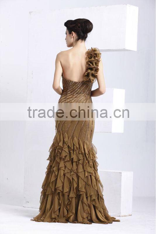 Elegant one-shoulder beaded larying chiffon long latest design formal evening gowns