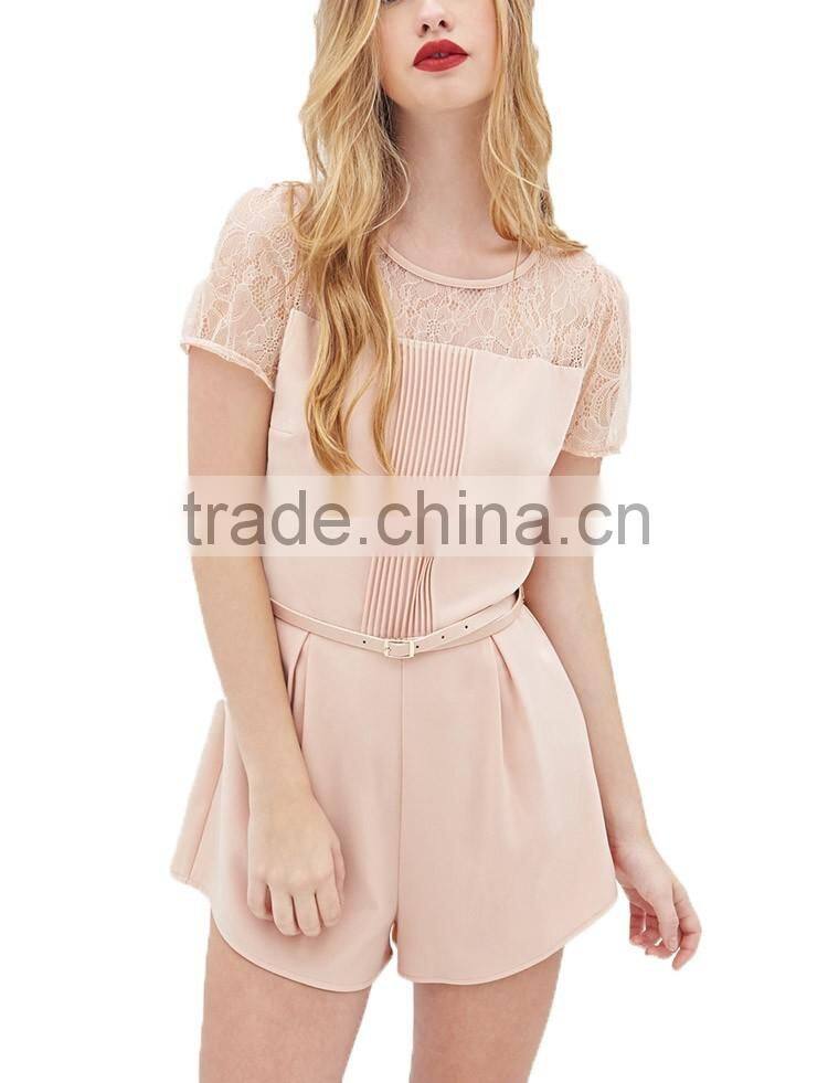 Pink wrinkled round neckline short sleeve belt waist short jumpsuit