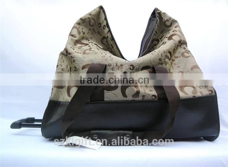 Plastic shoulder bag on wheels made in China