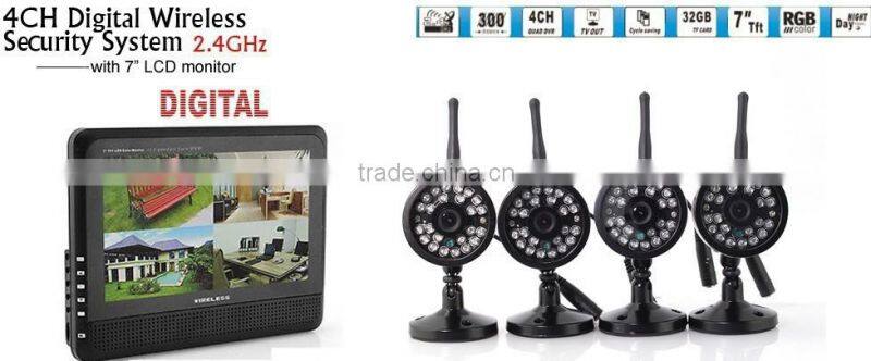 2.4Ghz Digital Video Security System 7'' LCD 4Channels Long Range Camera DVR Kit
