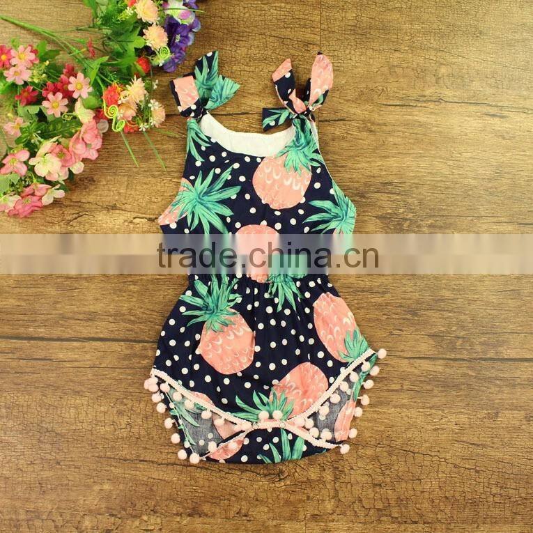 100% cotton toddler girl summer fruit print pom pom floral baby clothes romper first birthday pom girls jumpsuit