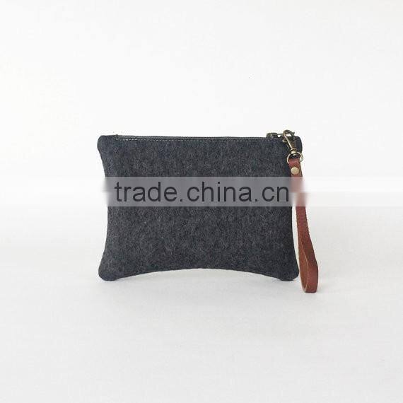 Wool Felt Bag Zipper Wristlet Charcoal Gray Felt Clutch Pouch