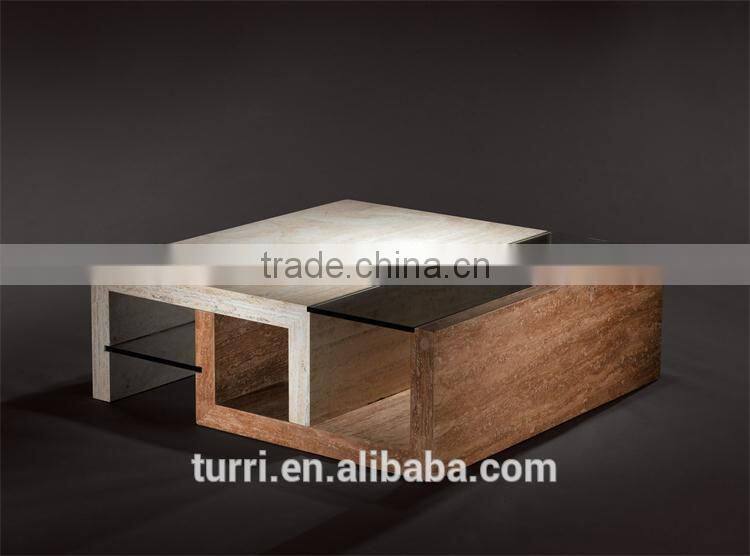Modern Square Travertine With Tempered Glass Surface Center Table