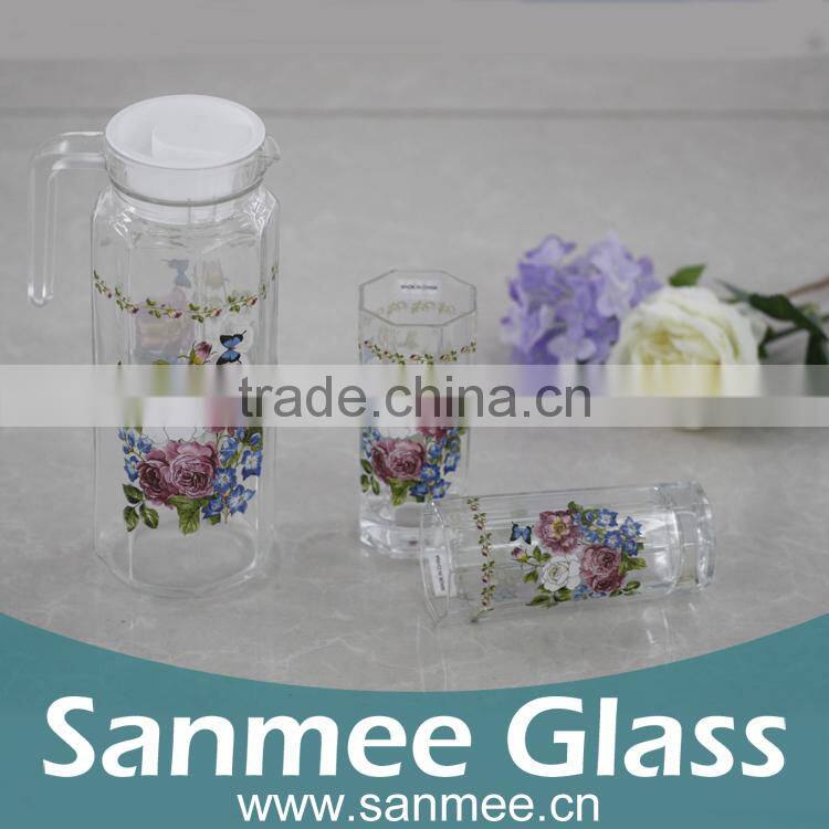 Octagonal Shaped Heat Transfer Printed Flower 7PCS Water Glass Set