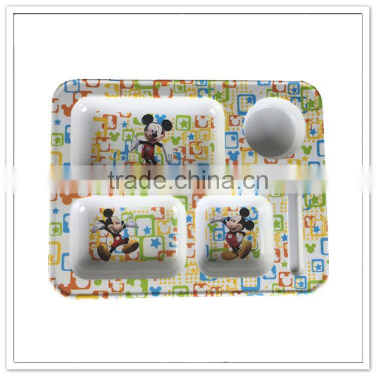 Wholesale food contact mouse printing 3 sections with cup holder children lunch tray, melamine kids compartment plate