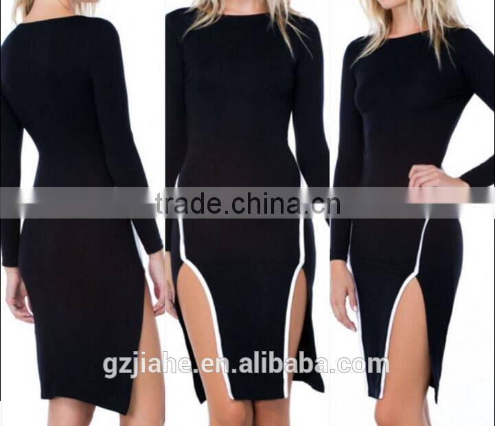 NEW BLACK LONG SLEEVE DOUBLE SLIT WHITE TRIM BODYCON DRESS