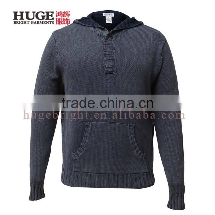 Denim-like Cotton Sweater Hoodie Cable Knit Mens Sweater