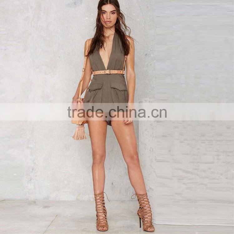 HAODUOYI Gray Plunge Neck Halter Tie Back Two Pockets Romper