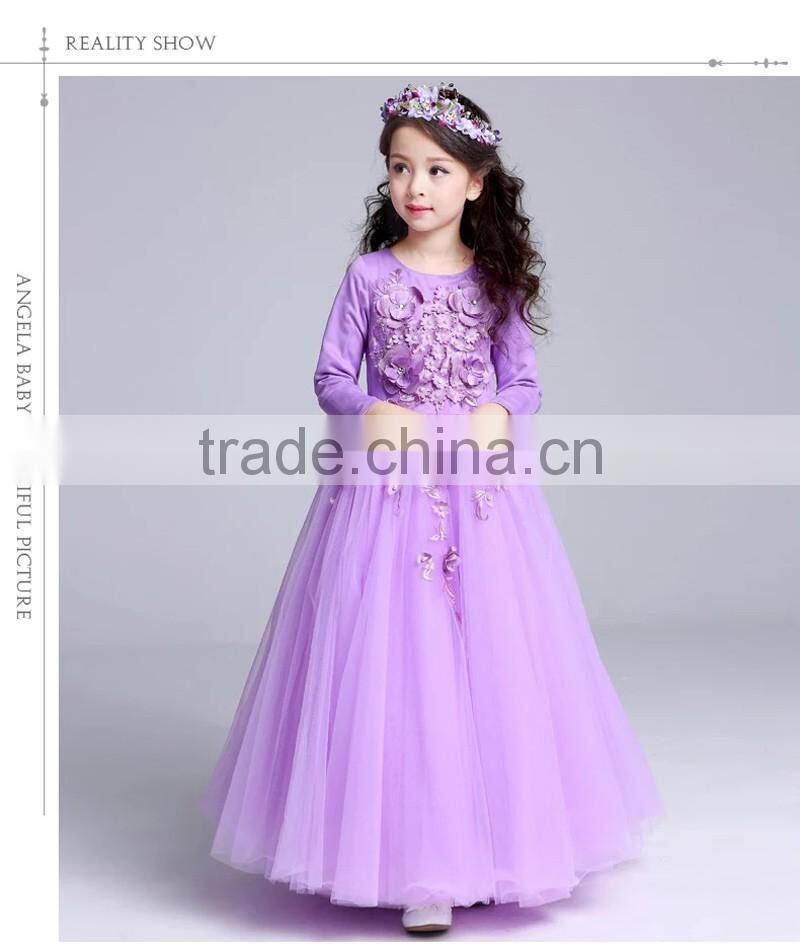 High quality Violet Elegant girls Princess Long sleeveless Wedding dresses Ball Gown dress Appliques Purple Tulle party dresses