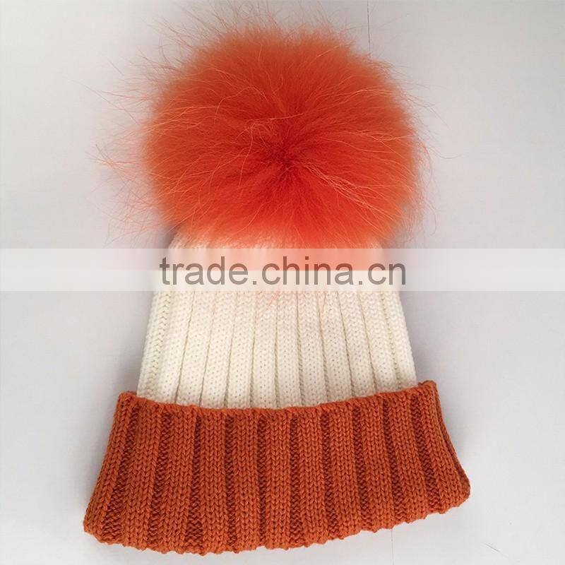 Myfur Fashion Women Bi-color Wool Beanie Hat with Real Raccoon Fur Bobble Poms