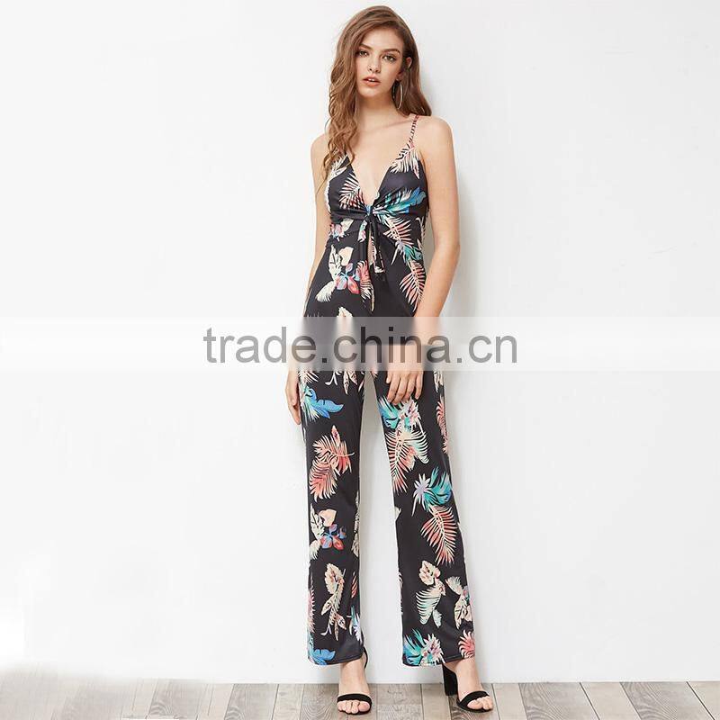 Black Floral ladies jumpsuit, 2017 fashion deep v-neck long romper