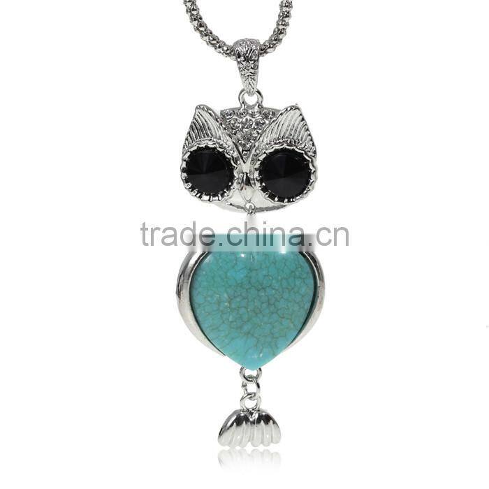 Owl Halloween Silver Tone Green Turquoise Clear Rhinestone Black Acrylic Findings With Lobster Clasp Fashion Jewelry Necklace