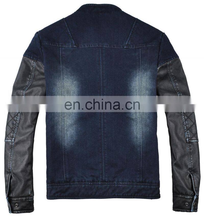 lastest design mens spring denim varisty jacket with leather sleeves