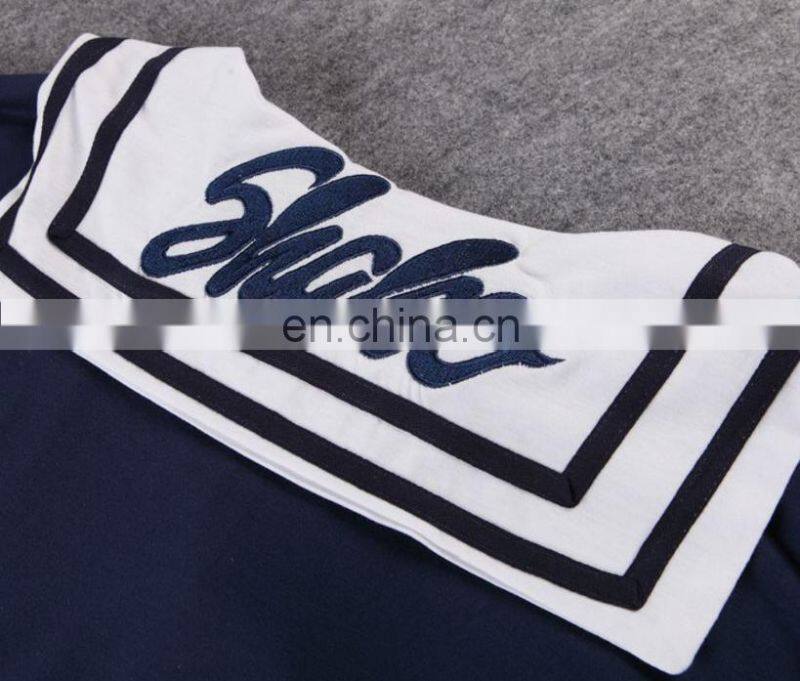 China Supplier 2016 Women Navy Blue Sailor Collar T-Shirt Lady Embroideried Blue Short Sleeve Tops