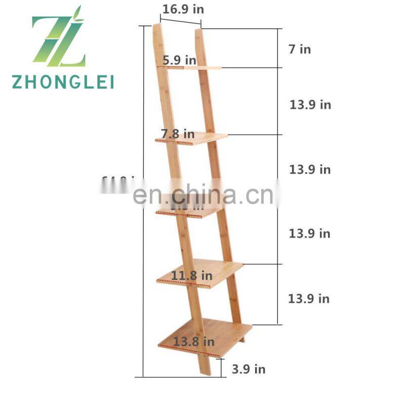 Bamboo Ladder Shelf 5-Tier Wall-Leaning Bookshelf Ladder Bookcase Storage Display Shelves for Living Room Kitchen Office
