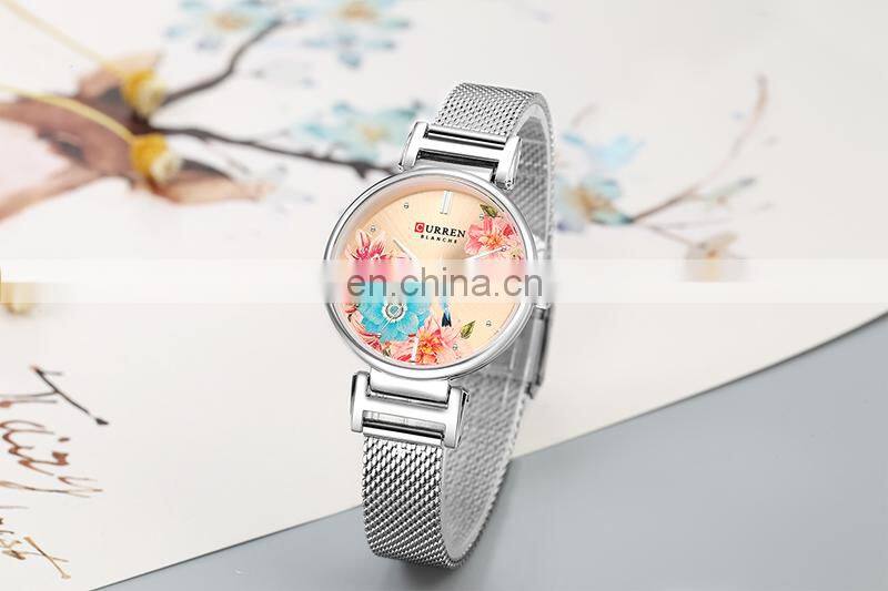 CURREN 9053 Women Charm Fashion Thin Quartz Watches Unique Flower Dial Simple Ladies Dress Bracelet Wristwatch
